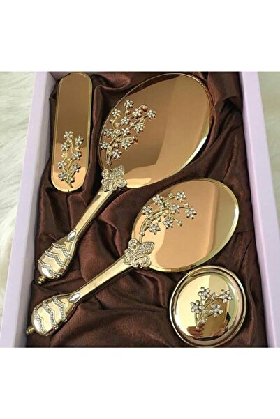 ALSHOP Ayna Tarak Seti Hediyelik Çeyiz Seti Elbise Fırçası Makyaj Kutusu Gold...