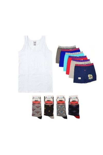 Tutku Boy's White 6 Pieces Strappy Athlete 6 Pieces Color Printed Boxer 6 Pieces Colorful Socks Set