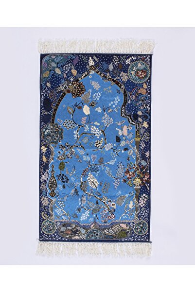 Çağrı سجادة صلاة حريرية موديل نيسا باللون الأزرق الداكن