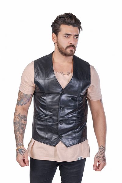 BATU DERİ Genuine Leather Men's Black Leather Vest