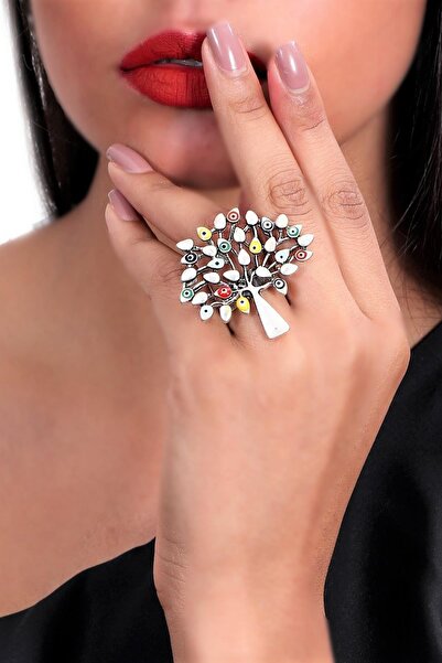 LABALABA Kadın Antik Gümüş Kaplama Mineli Yaprak Stilizesi Yüzük