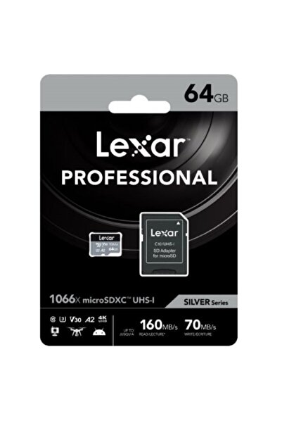 Lexar 64gb 1066x Microsdxc Uhs-ı U3 V30 A2 C10 4k Uhd 160m Hafıza Kartı Sd Adaptör (SİLVER SERİES)