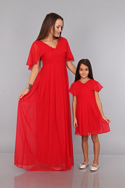 MODA LABİO Melek Kol Anne Kız Çocuk Elbise Kırmızı