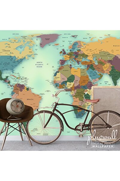 Pluswall Güncel Siyasi Dünya Haritası Özel Tasarım Duvar Kağıdı 1 Metre Kare