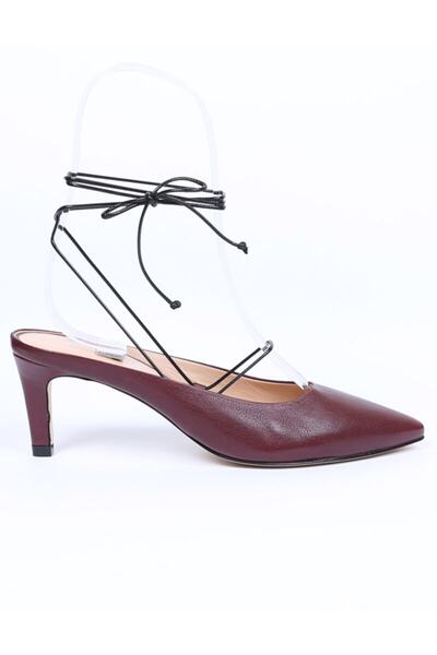 BUTIGMA - Claret Red Leather Pointed Toe Thin Short Heeled Shoes Sandals Slippers - Women