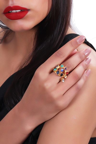 LABALABA Women's Antique Yellow Plated Crystal Cut Stone Detailed Rainbow Model Adjustable Ring