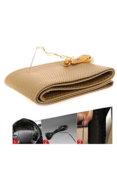 Universal Direksiyon Kılıfı Deri Sarmal Dikmeli Direksiyon A+Kalite Bej Noktalı