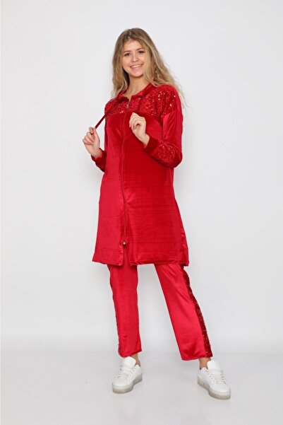 WestBound Women's Red Sequined Velvet Tracksuit Set