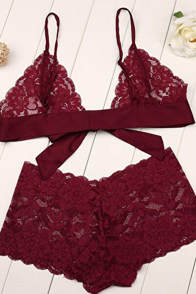 Imoda Kadın Bordo Kurdeleli Dantel Sütyen Takımı