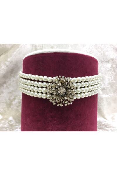 Aşina Gümüş Yeni Yıl Hediyesi Kadın Altın Renk Elmas Montür Işıltı Boyun İncili Tasma Kolye