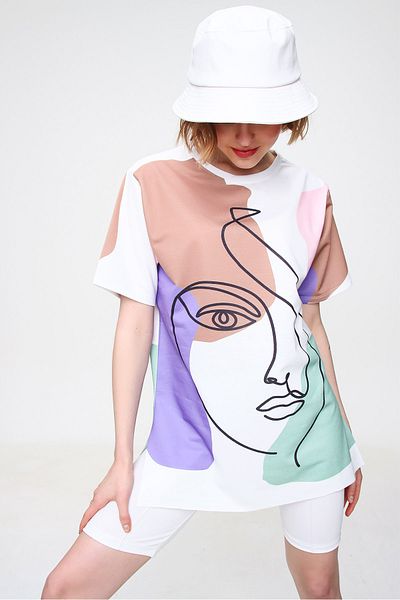 Trend Alaçatı Stili T-Shirt - Mehrfarbig - Oversized