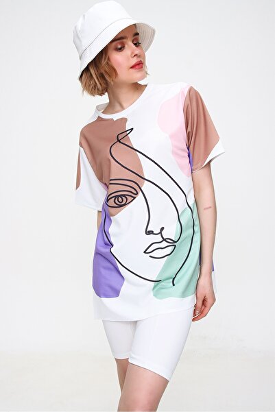 Trend Alaçatı Stili Női púder nyakú digitális nyomtatott oldalsó hasított pulóver MDA-1106