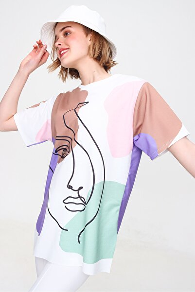 Trend Alaçatı Stili Női púder nyakú digitális nyomtatott oldalsó hasított pulóver MDA-1106