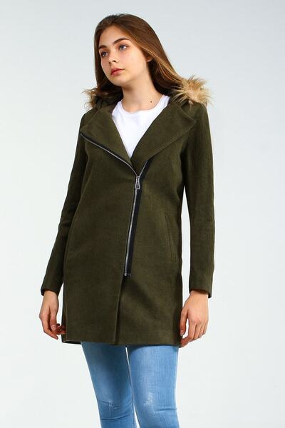 Collezione Haki Kapişonu Kürklü Yan Fermuarlı Kaşe Kadın Kaban