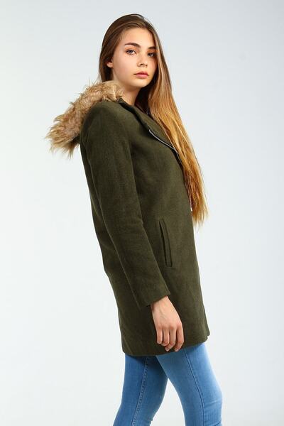 Collezione Haki Kapişonu Kürklü Yan Fermuarlı Kaşe Kadın Kaban