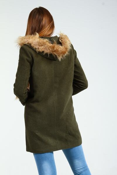 Collezione Haki Kapişonu Kürklü Yan Fermuarlı Kaşe Kadın Kaban