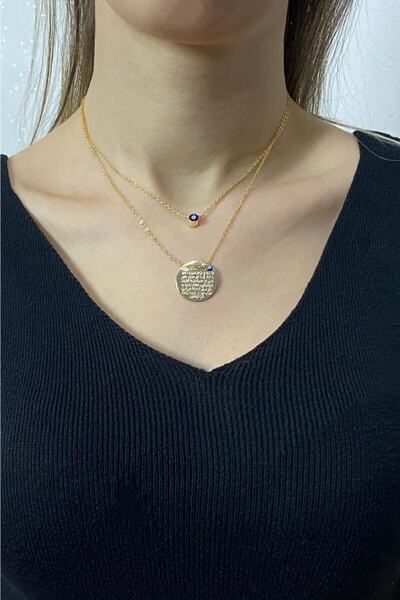 TugyTery Kadın Ayetel Kürsi Dua Işlemeli Nazar Boncuklu 2li Zincir Kolye