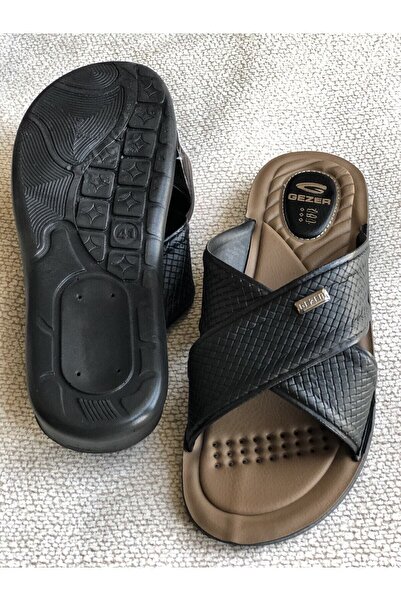 GEZER 12598 Μαύρες ανδρικές άνετες μαλακές ορθοπεδικές δερμάτινες παντόφλες σπιτιού