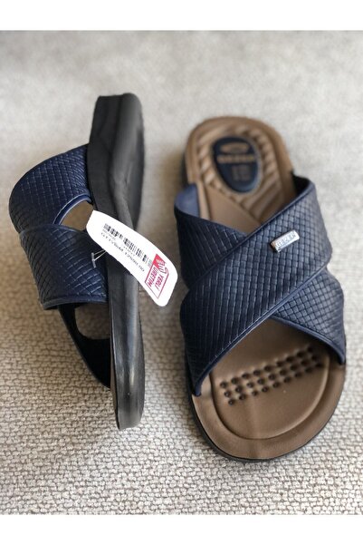 GEZER 12598 Lacivert Erkek Rahat Yumuşak Ortopedik Taban Deri Model Ev Terliği