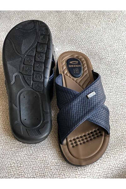 GEZER 12598 Lacivert Erkek Rahat Yumuşak Ortopedik Taban Deri Model Ev Terliği