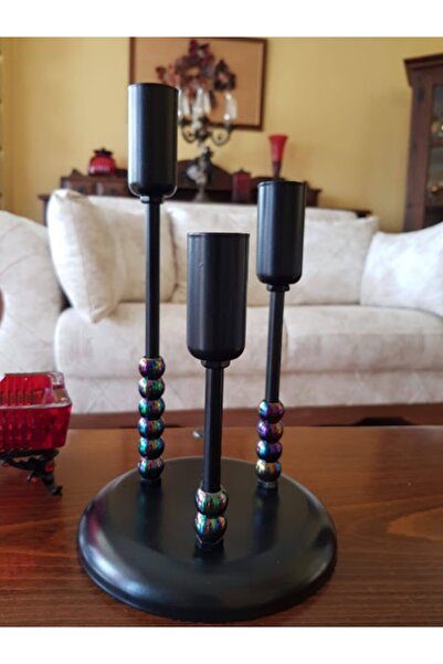 DEDE Dekoratif Üçlü Metal Mumluk Siyah Petrol Renk