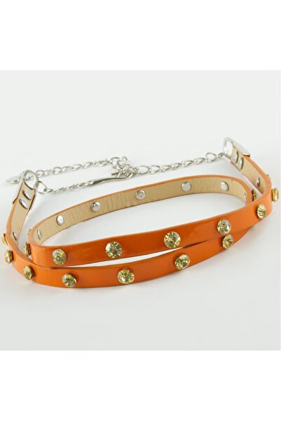 Bijuteri Net حزام حجري كلاسيكي من الجلد باللون البرتقالي للنساء