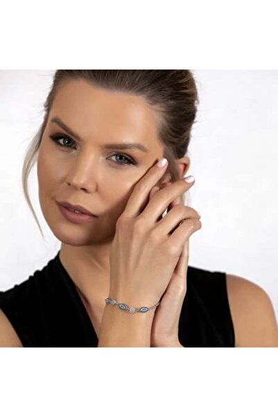 Tesbihane Mavi-beyaz Zirkon Taşlı Oval Tasarım 925 Ayar Gümüş Su Yolu Kadın Bileklik