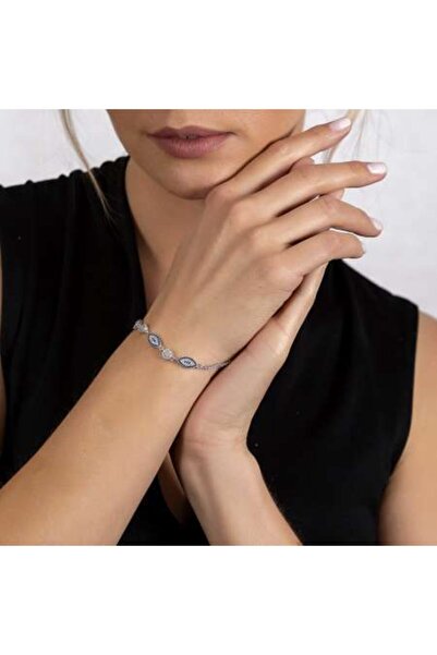 Tesbihane Mavi-beyaz Zirkon Taşlı Oval Tasarım 925 Ayar Gümüş Su Yolu Kadın Bileklik