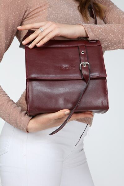 KISCHE Leather Look Burgundy Shoulder Bag with Belt Detail