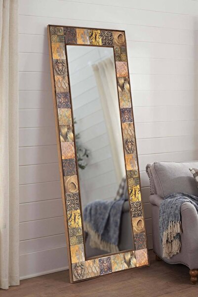 bluecape Lyon Doğal Ağaç 62x152 Cm Çerçeveli Antik Limra Taş Kaplı Salon Duvar Konsol Boy Aynası