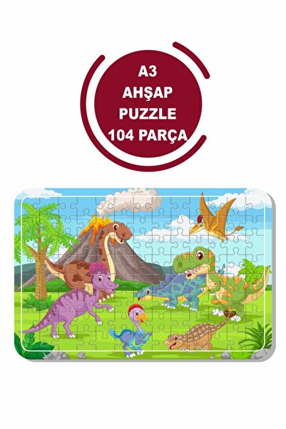 Baskı Atölyesi Sevimli Hayvanlar Dinazorlar A3 104 Parça Ahşap Puzzle