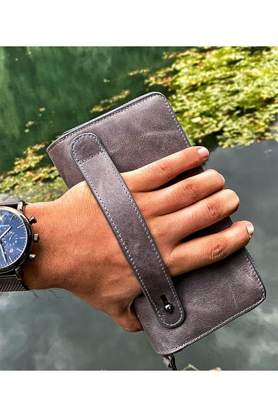 Garbalia Χειροποίητη Vintage Δερμάτινη Γκρι Τσάντα Clutch με Θήκη για Πορτοφόλι Τηλεφώνου