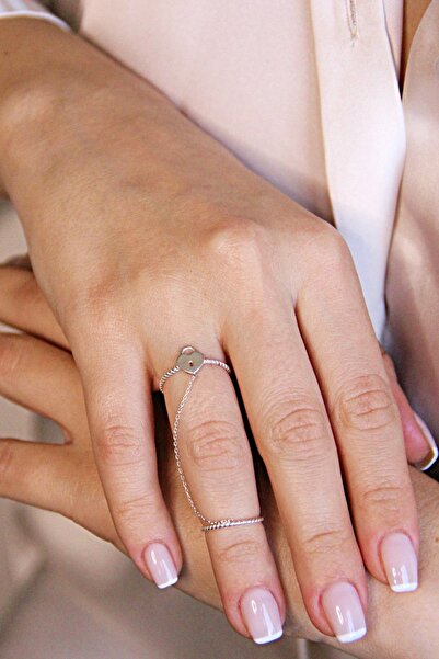 Argentum Concept 925 Ayar Gümüş Kilit Kalp Figürlü Zincirli Çift Yüzük - Y018801