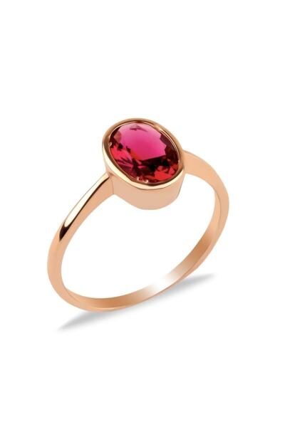 İNDİGO TAKI Oval Fuşya Taşlı Sıvama Tektaş Rose Gümüş Yüzük
