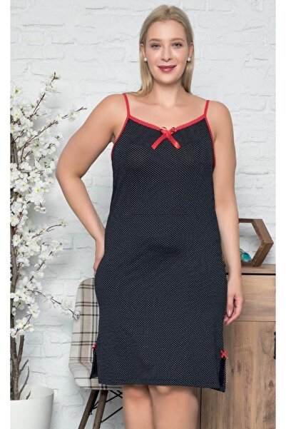 ASEL PİJAMALARI Kadın Siyah İnce Askılı Küçük Puantiyeli Viskon Gecelik