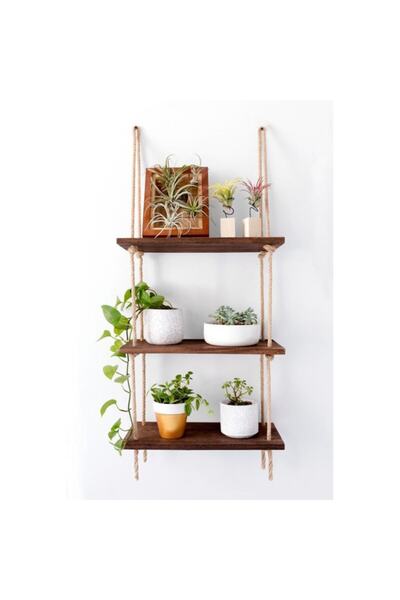 Tahta Bahçesi Ahşap Dekoratif Tasarım 3'lü Halatlı Raf Kitaplık