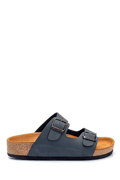 Bequemere Unisex Navy Blue Cork Sole Genuine Leather Orthopedic Slippers