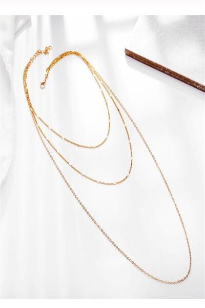 X-Lady Accessories Kadın Üçlü Şeri Zincir Kolye Gold Kaplama Katmanlı Kolye Choker Uzun Çoklu Kolye