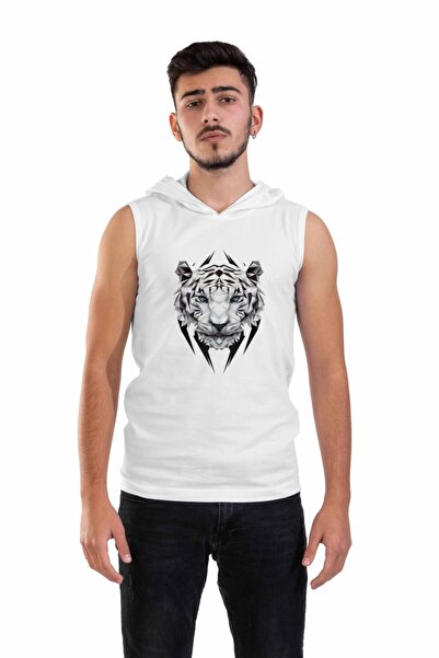 Raf Coll Tricou alb fără mâneci cu glugă imprimat unisex