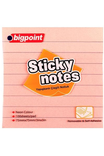 Bigpoint ورق ملاحظات لاصق مخطط 75x75 ملم وردي نيون
