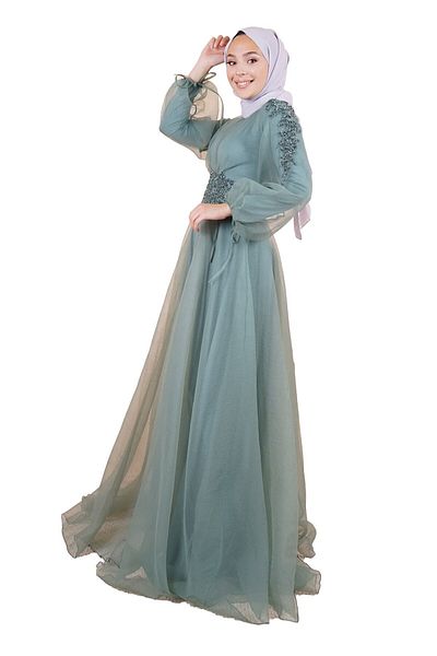 SpringStore Rochie de seară hijab brodata cu piatră, mentă, cu mâneci cu balon