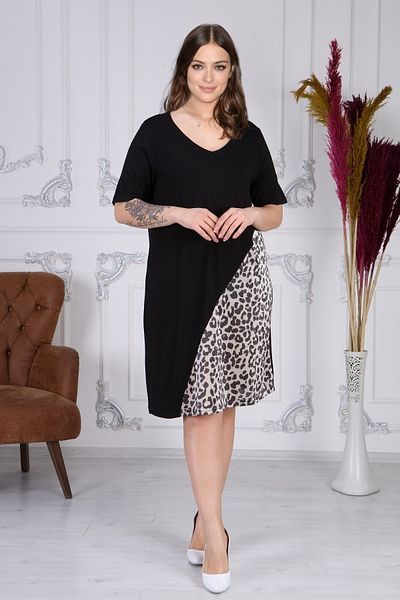 Gül Moda Μαύρο Μεγάλο Μέγεθος Leopard Λεπτομερές Midi Φόρεμα G060-1