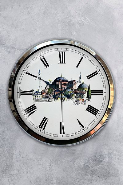 Kasva Concept Gift Decorative 40 cm Chrome Metal Hagia Sophia-I Kebir Mosque Themed Wall Clock