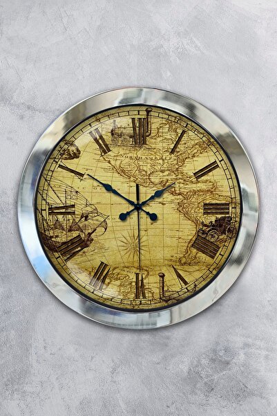 Kasva Concept هدية ساعة حائط بخريطة معدنية من الكروم مقاس 36 سم