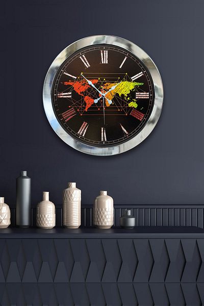 Kasva Concept Gift 36 cm Chrome Metal Map Wall Clock