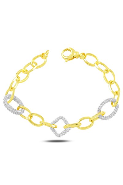 BARIŞ TAKI 925 Ayar Gümüş Gold Oval Kare Beyaz Taşlı Hallow Bileklik