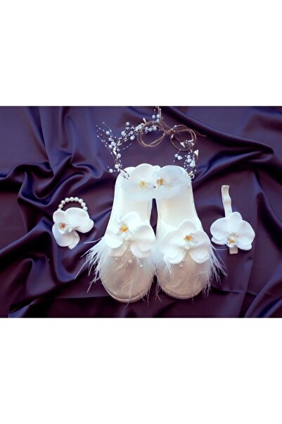 MİMES Kadın Beyaz Orkide Taç Terlik Bileklik Seti – Lohusa Seti