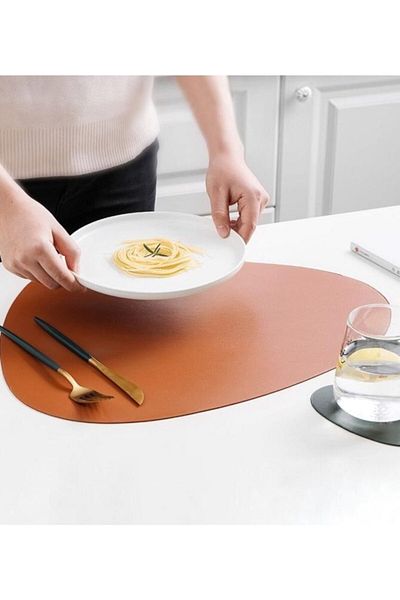 Yumak Dekor Grup 12 Pieces Asymmetrical Tan Leather American Service Supla Placemats for 6 People