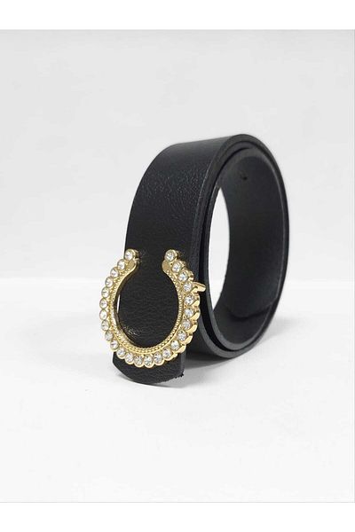 Kemerix 100% Genuine Leather Women's Black Belt with Stone Gold Buckle