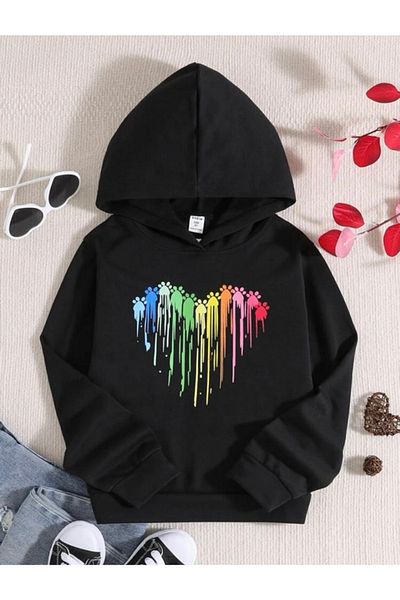 Perfekto giyim Черен суитшърт с качулка Rainbow Heart за момичета/момчета